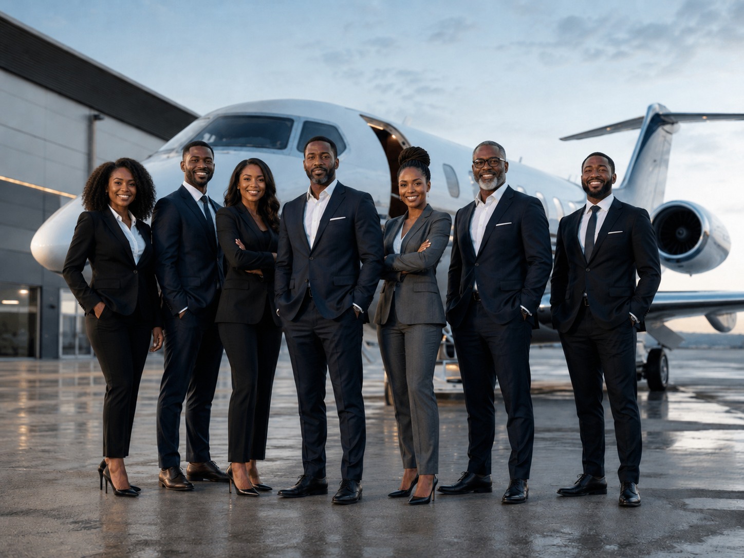 A group beside a private aircraft